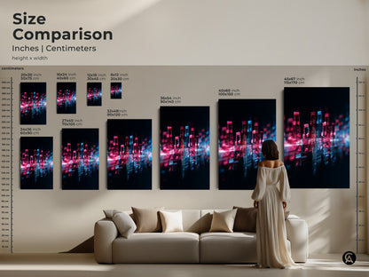 Size comparison of Glitch Art Print with a model and couch. Abstract music cityscape artwork available in various sizes. Magenta and blue digital artwork for modern office decor. Unique housewarming gift for music lovers. Find the perfect fit for your space.