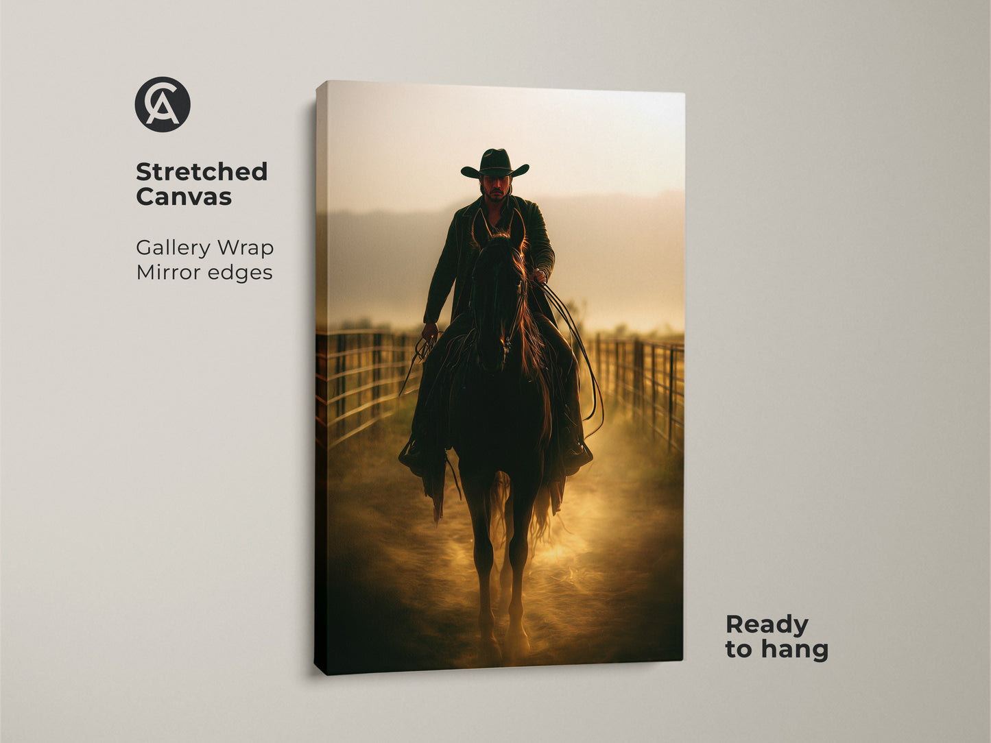 Stretched canvas print showing a Cowboy on Horseback. Gallery wrapped with mirrored edges. This Western rodeo art is ready to hang. Its golden brown tones enhance any farmhouse or country Western decor. Great Father's Day gift for a cowboy hat lover.