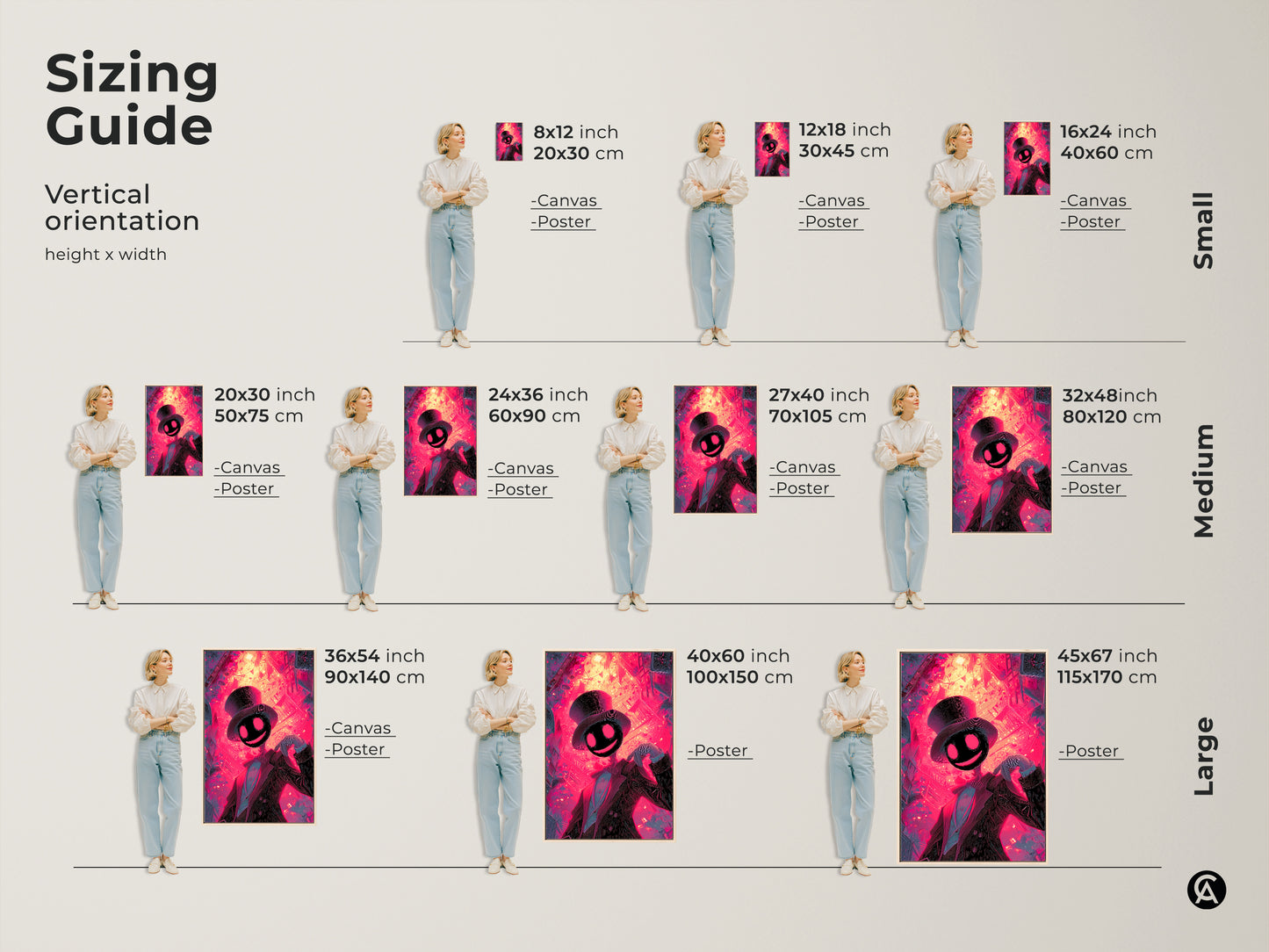 This sizing guide shows vertical orientation options for this artwork. Find canvas and poster sizes from small to large. Visualize the art in sizes like 8x12 to 45x67 inches for the perfect fit.