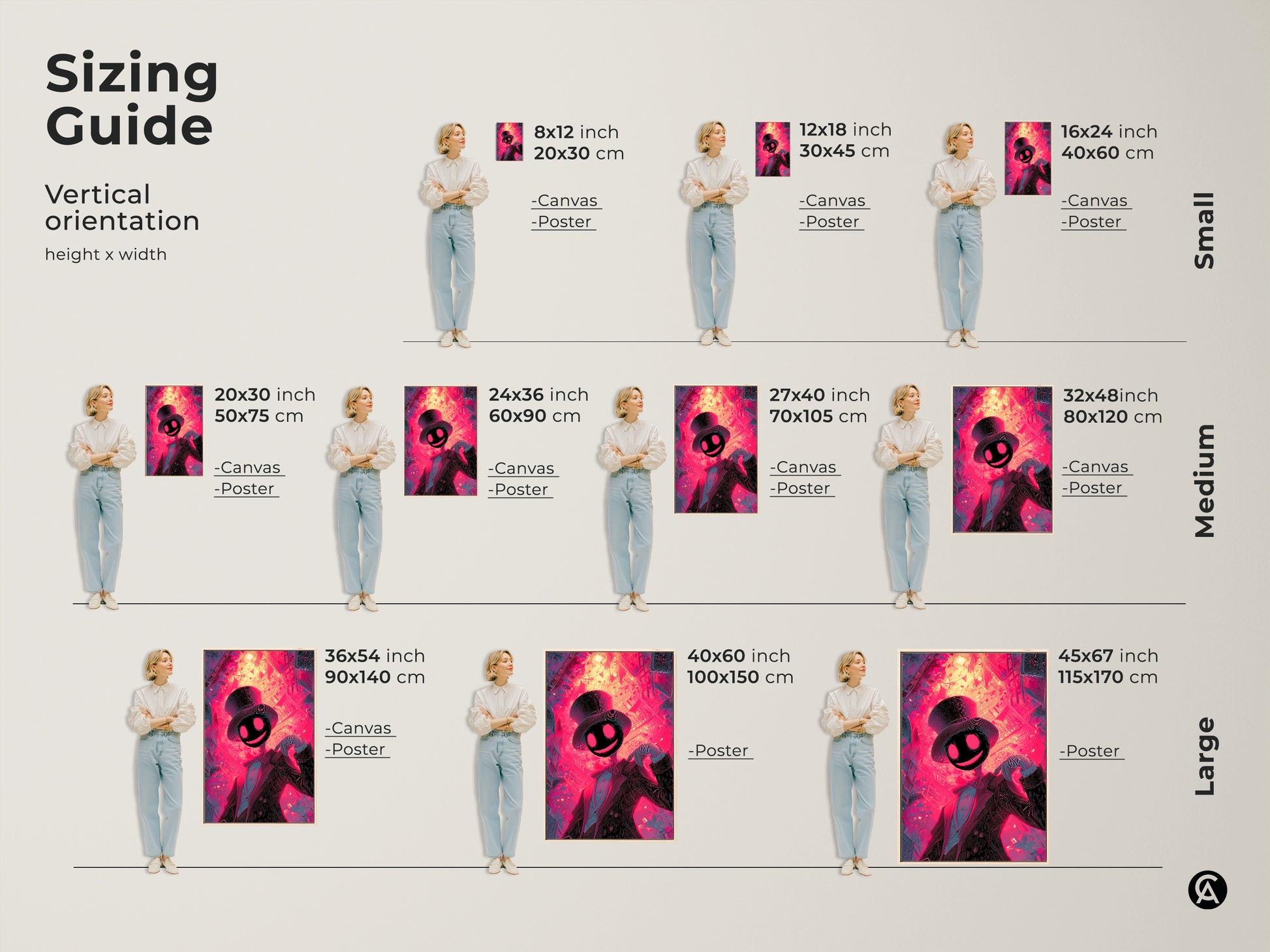 This sizing guide shows vertical orientation options for this artwork. Find canvas and poster sizes from small to large. Visualize the art in sizes like 8x12 to 45x67 inches for the perfect fit.