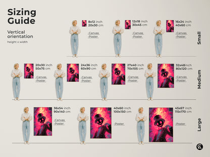 This sizing guide shows vertical orientation options for this artwork. Find canvas and poster sizes from small to large. Visualize the art in sizes like 8x12 to 45x67 inches for the perfect fit.