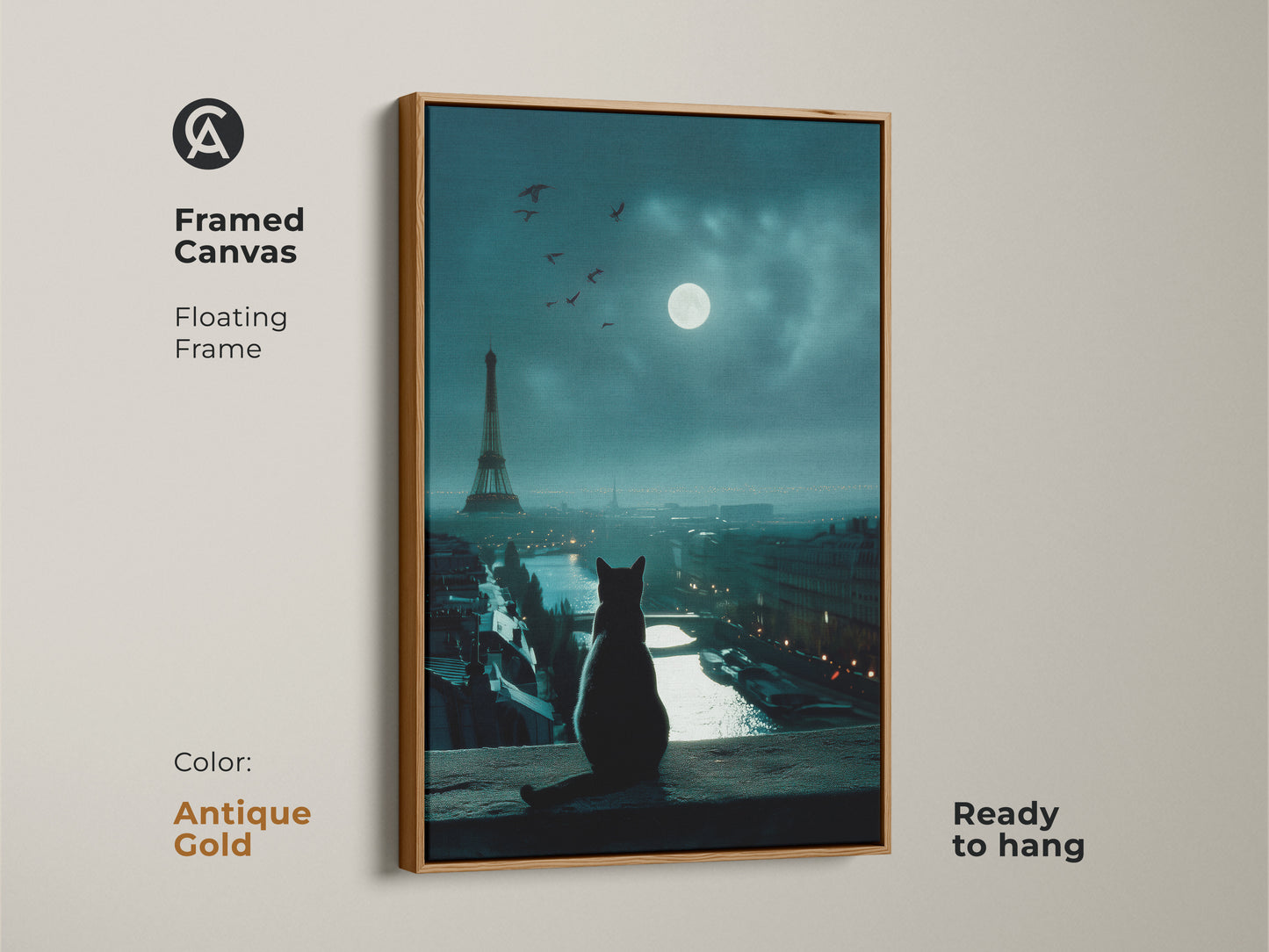 Antique gold framed canvas with cat art. A cat is watching the Eiffel Tower in Paris under the moonlight. This ready-to-hang artwork will add a touch of elegance. Perfect for cat lovers and Paris enthusiasts.