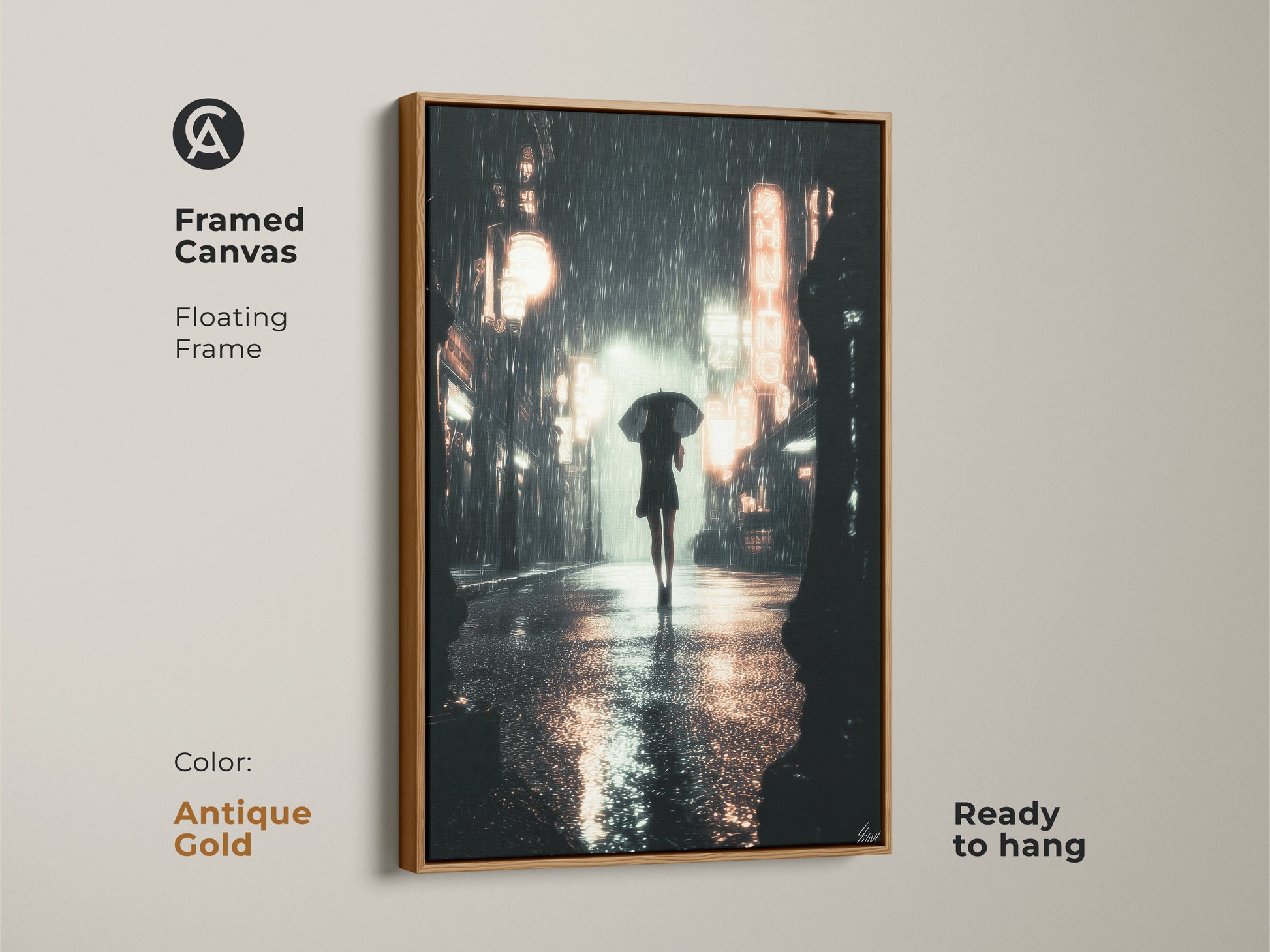 Framed canvas presenting urban nightscape artwork. A woman with an umbrella is featured. The antique gold floating frame highlights the glowing neon sign art. Adds a unique touch as contemporary entryway decor.