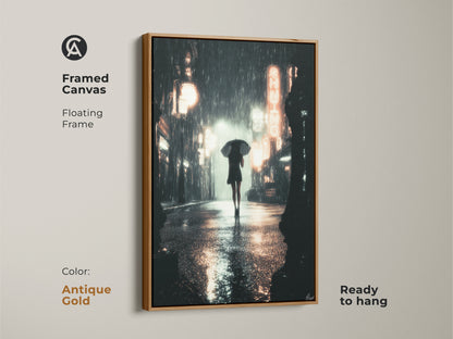 Framed canvas presenting urban nightscape artwork. A woman with an umbrella is featured. The antique gold floating frame highlights the glowing neon sign art. Adds a unique touch as contemporary entryway decor.