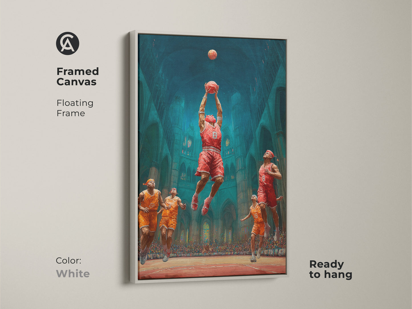 This framed canvas art showcases a basketball dunk in a gothic cathedral. A white floating frame offers a clean look. Ready to hang it is perfect as teen room decor or a basketball gift. It is sure to be a conversation starter.