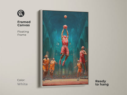 This framed canvas art showcases a basketball dunk in a gothic cathedral. A white floating frame offers a clean look. Ready to hang it is perfect as teen room decor or a basketball gift. It is sure to be a conversation starter.