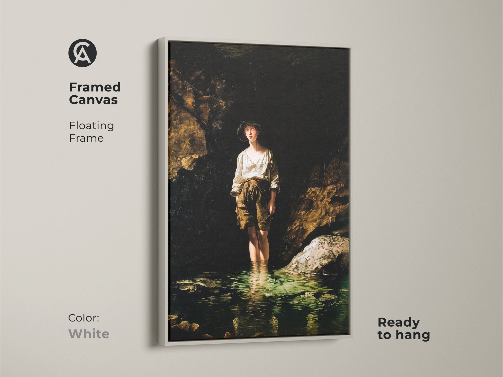 Framed canvas with a floating white frame showcases a boy in a river art. This classical artwork offers a clean look. A traditional home decor art piece that's ready to hang. Ideal art print for study room.
