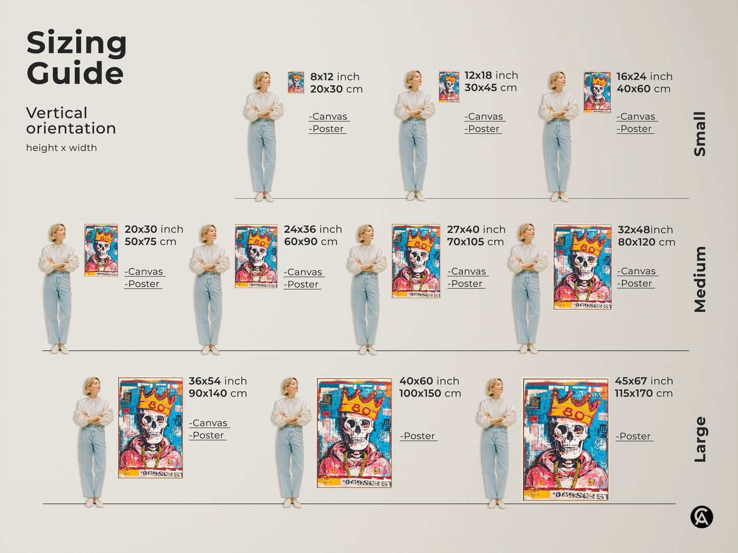 Sizing guide featuring a vertical orientation. The artwork features a skull with a gold crown and gold chain. This artwork comes in small medium and large sizes. Find the perfect size for your space today.