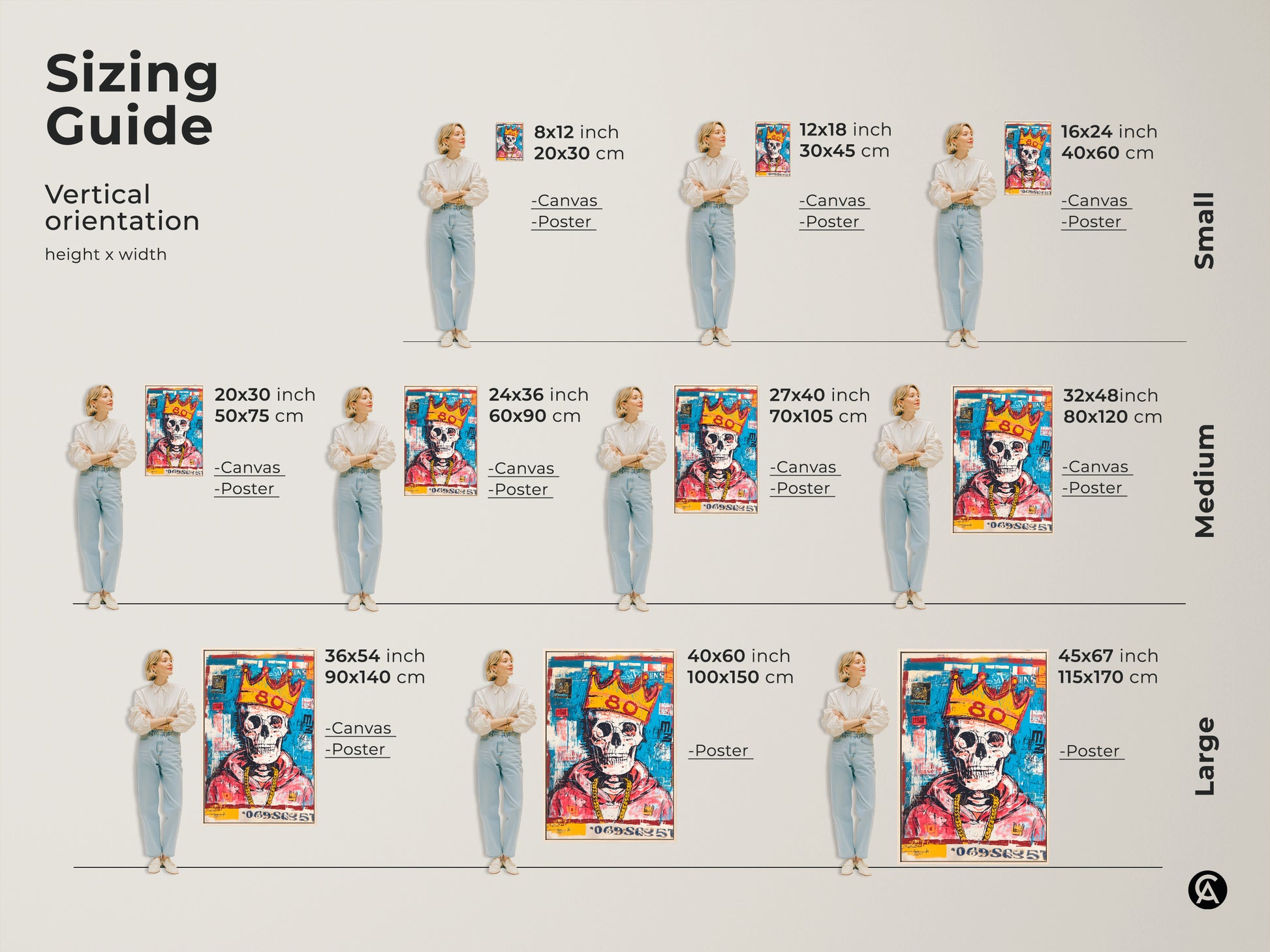 Sizing guide featuring a vertical orientation. The artwork features a skull with a gold crown and gold chain. This artwork comes in small medium and large sizes. Find the perfect size for your space today.