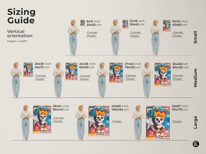 Sizing guide featuring a vertical orientation. The artwork features a skull with a gold crown and gold chain. This artwork comes in small medium and large sizes. Find the perfect size for your space today.