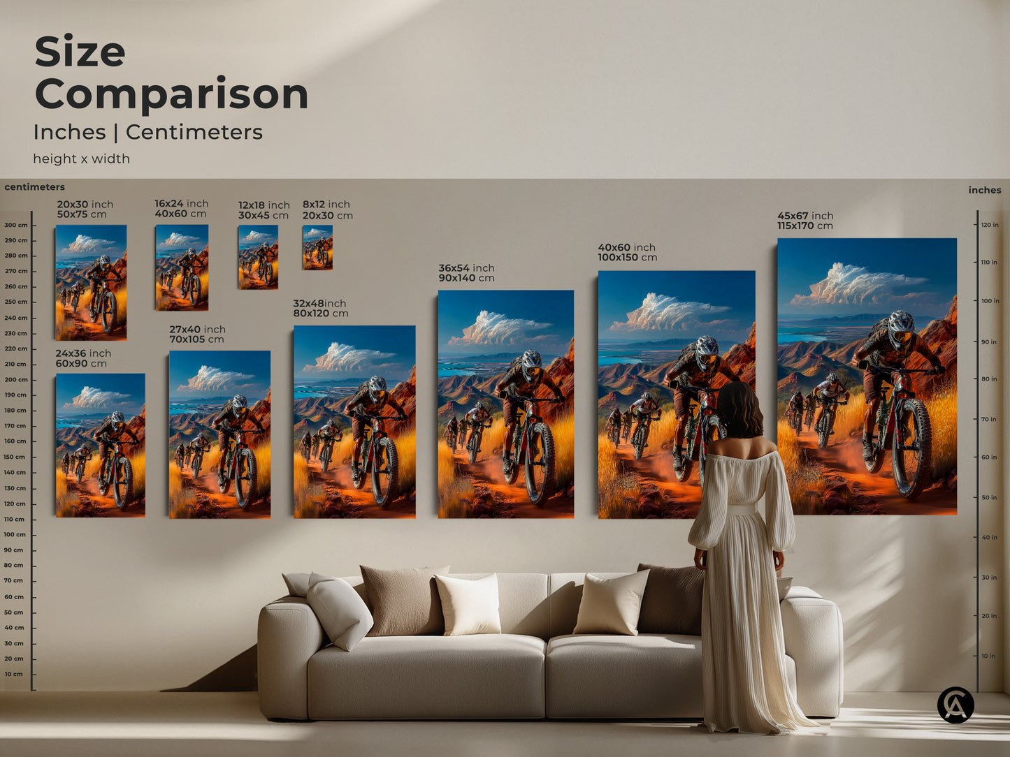 A size comparison showcases various dimensions of the mountain biker artwork. These range from small 8x12 inch prints to large 45x67 inch canvases. Perfect wall art for cyclists.