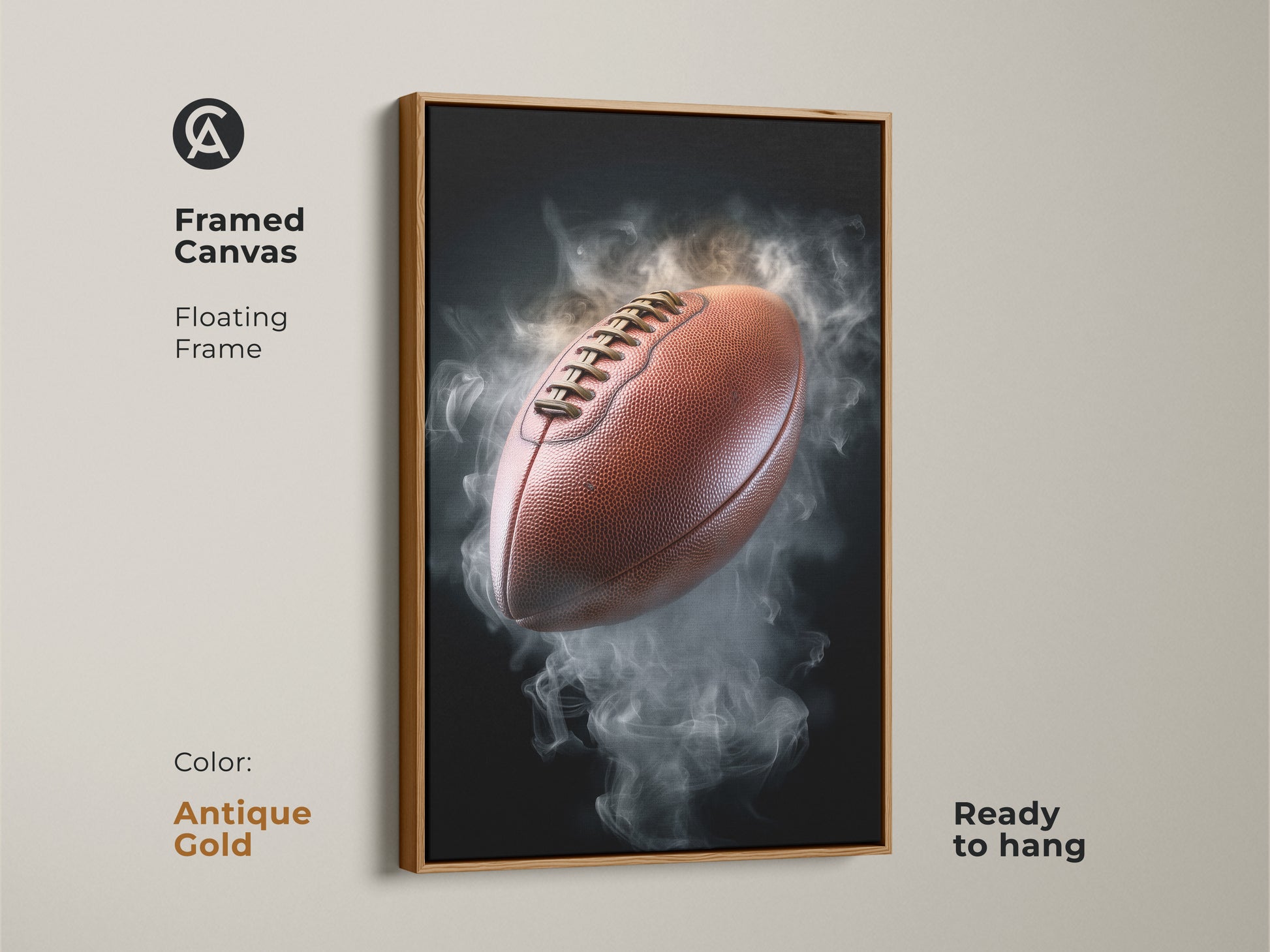 Framed canvas showing a football smoke art print with an antique gold floating frame. This dynamic football poster is perfect for a sports enthusiast's space. It is a unique gift for a birthday.