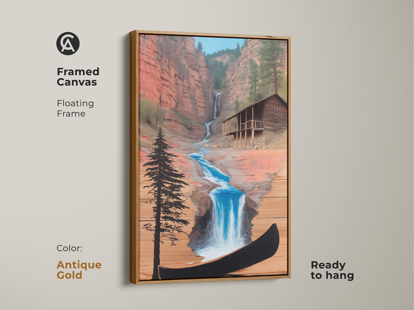 Framed Canvas of Rustic Cabin Waterfall Art. Floating frame in antique gold highlights the landscape art. The cabin and canoe create a cozy scene. This piece brings a farmhouse feel. Ready to hang.