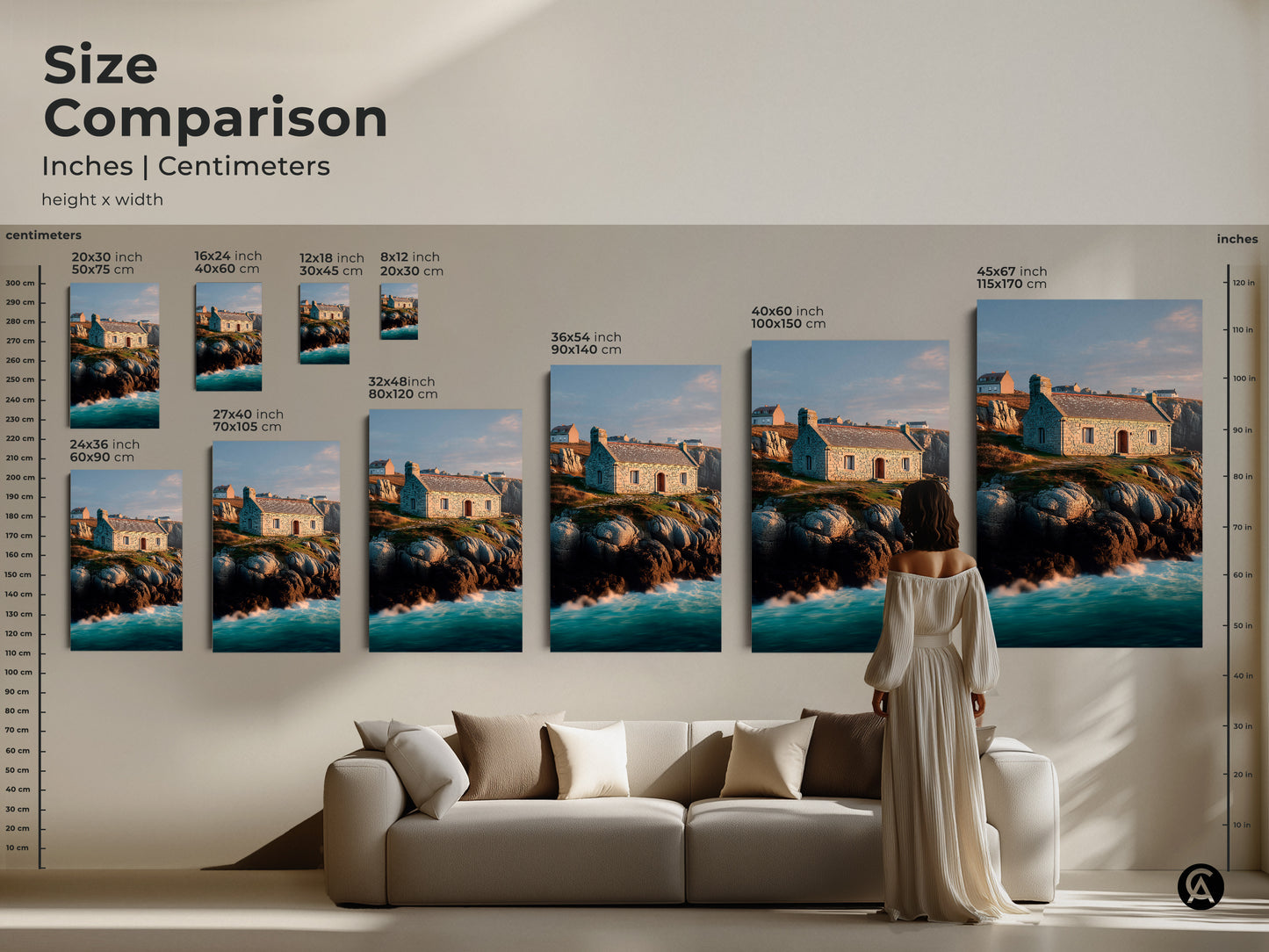 Size comparison of coastal stone cottage art prints. Various sizes from small to extra large shown in inches and centimeters. See how the artwork fits above a couch. A picturesque stone house on a rocky coastline. Ocean waves canvas print.