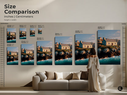 Size comparison of coastal stone cottage art prints. Various sizes from small to extra large shown in inches and centimeters. See how the artwork fits above a couch. A picturesque stone house on a rocky coastline. Ocean waves canvas print.