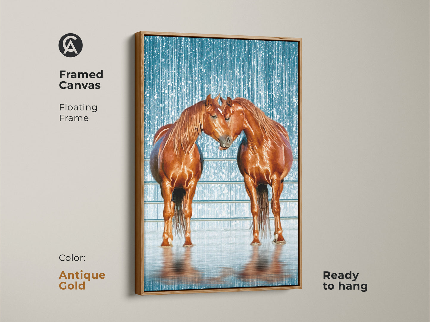 An antique gold floating frame enhances this canvas art print with two brown horses. This piece of equestrian artwork is ready to hang. The textured blue background adds rustic charm to any room. The ideal decor gift for horse lovers and ranch-style homes.