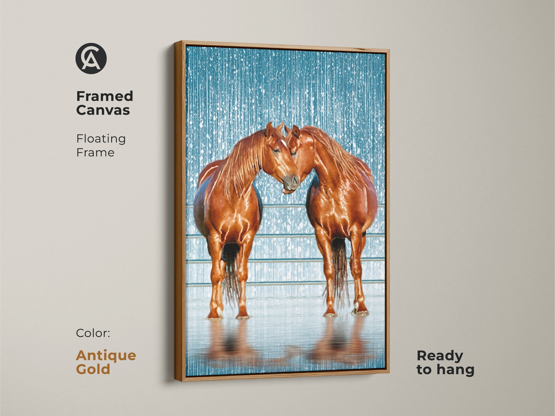 An antique gold floating frame enhances this canvas art print with two brown horses. This piece of equestrian artwork is ready to hang. The textured blue background adds rustic charm to any room. The ideal decor gift for horse lovers and ranch-style homes.