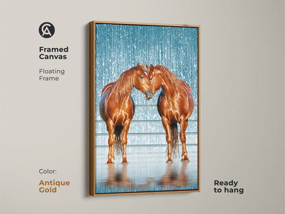 An antique gold floating frame enhances this canvas art print with two brown horses. This piece of equestrian artwork is ready to hang. The textured blue background adds rustic charm to any room. The ideal decor gift for horse lovers and ranch-style homes.