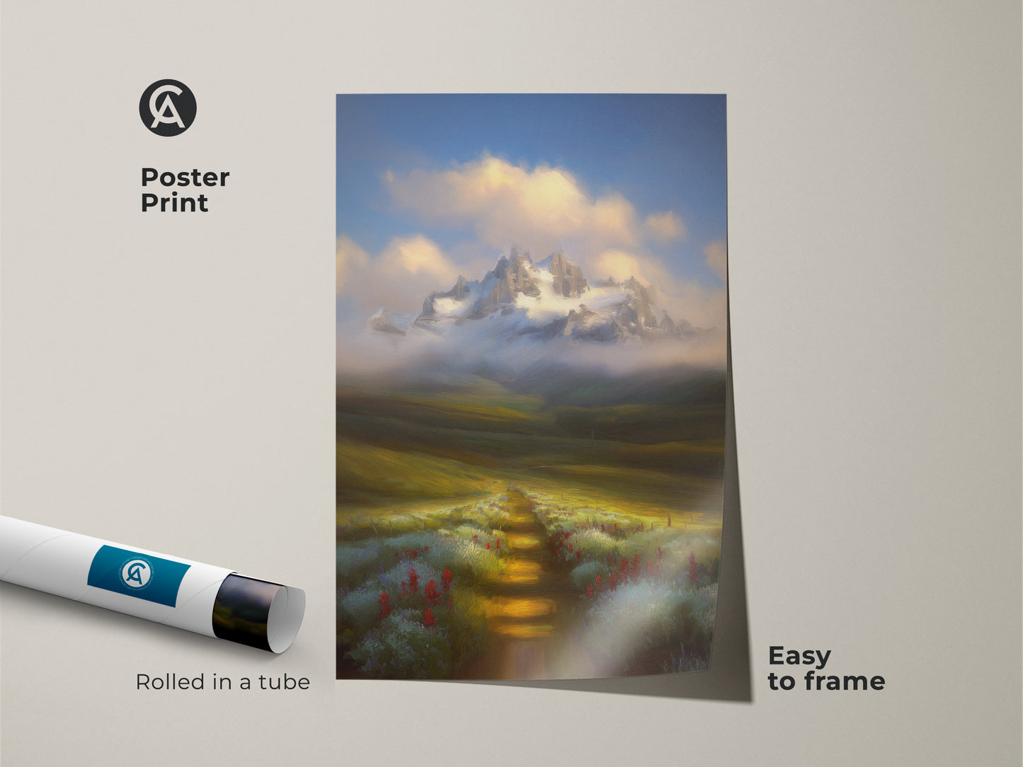 Museum-quality poster print of a scenic mountain view. The art shows a wildflower path leading to snow-capped mountains. Easy-to-frame nature scenery for any room.
