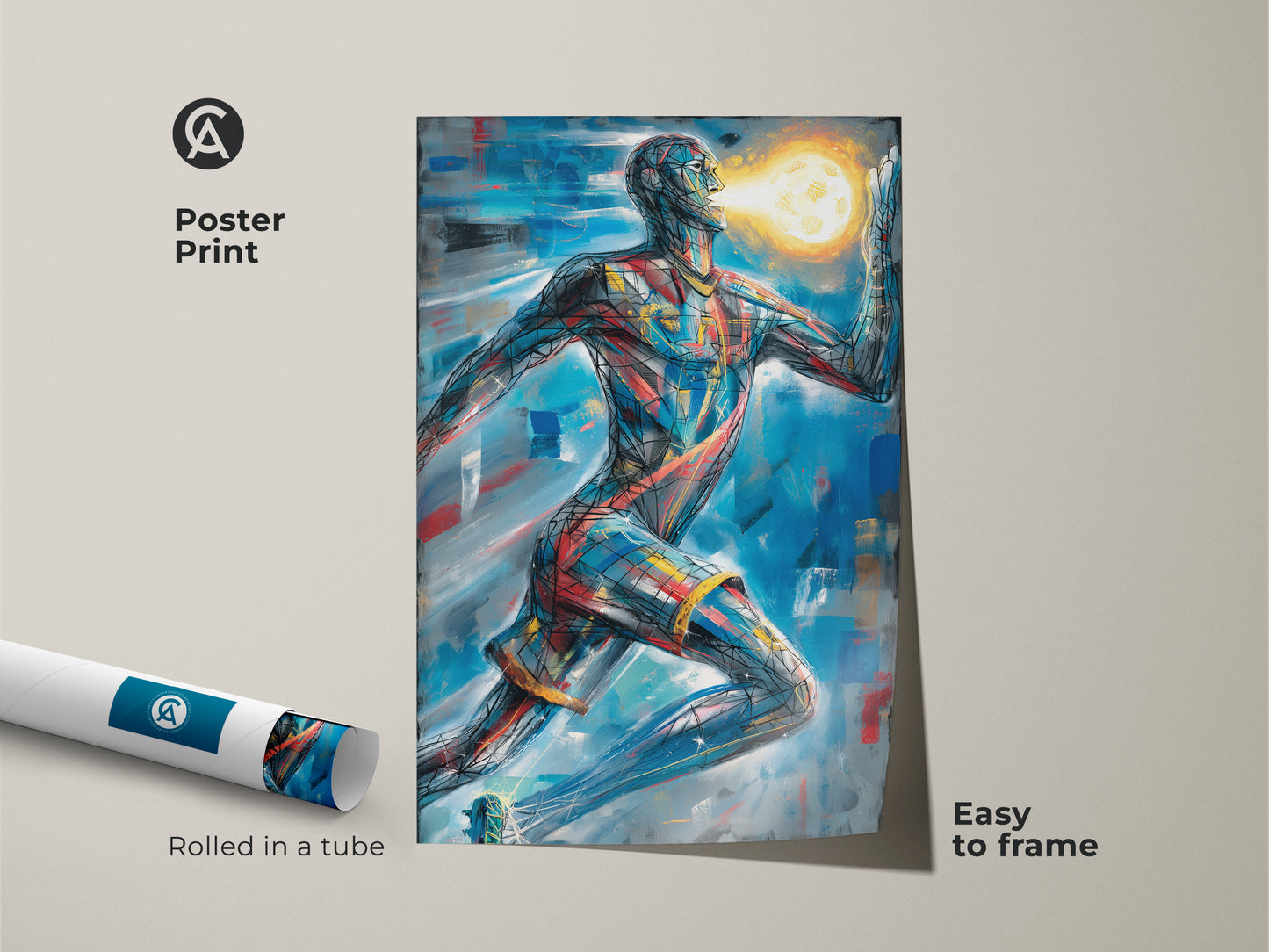 The abstract figure print is a poster print. This contemporary wall art comes rolled in a tube. It's easy to frame. The blue red gold artwork adds color to any room. Get this modern art print today.