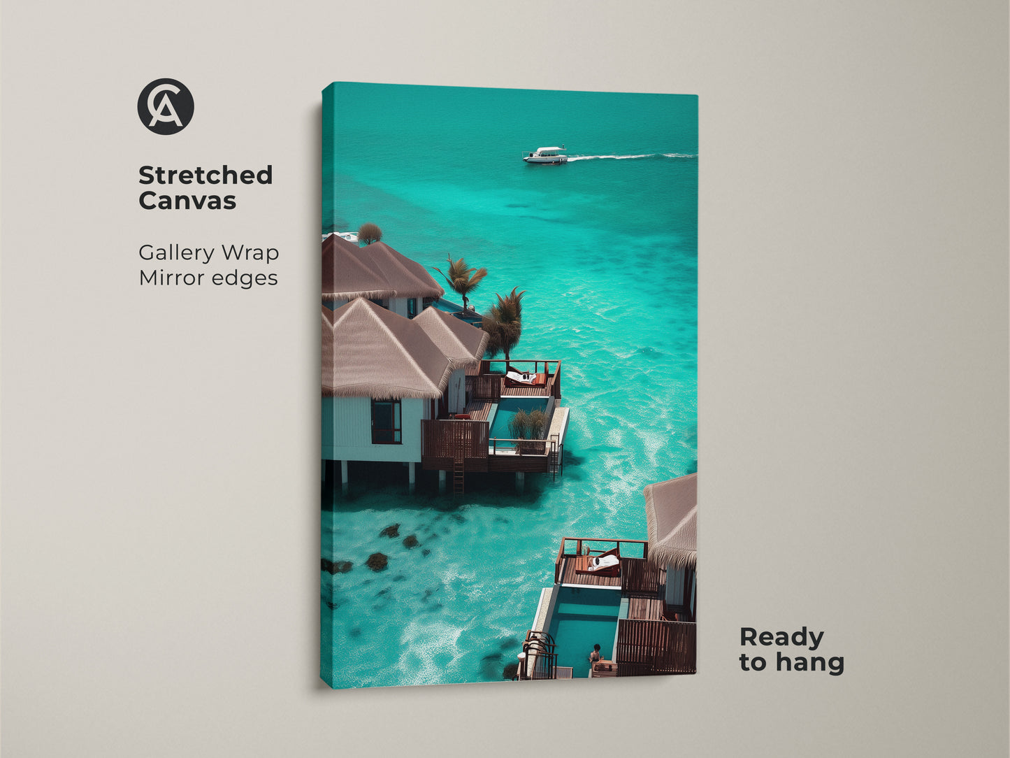 Stretched canvas artwork showing a luxury tropical resort bungalow. Teal and blue ocean hues create a coastal beach house aesthetic. This overwater bungalow art is ready to hang. It is a perfect modern coastal wall art for those who dream of beach getaways.