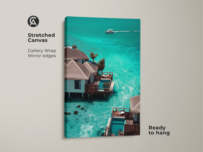Stretched canvas artwork showing a luxury tropical resort bungalow. Teal and blue ocean hues create a coastal beach house aesthetic. This overwater bungalow art is ready to hang. It is a perfect modern coastal wall art for those who dream of beach getaways.