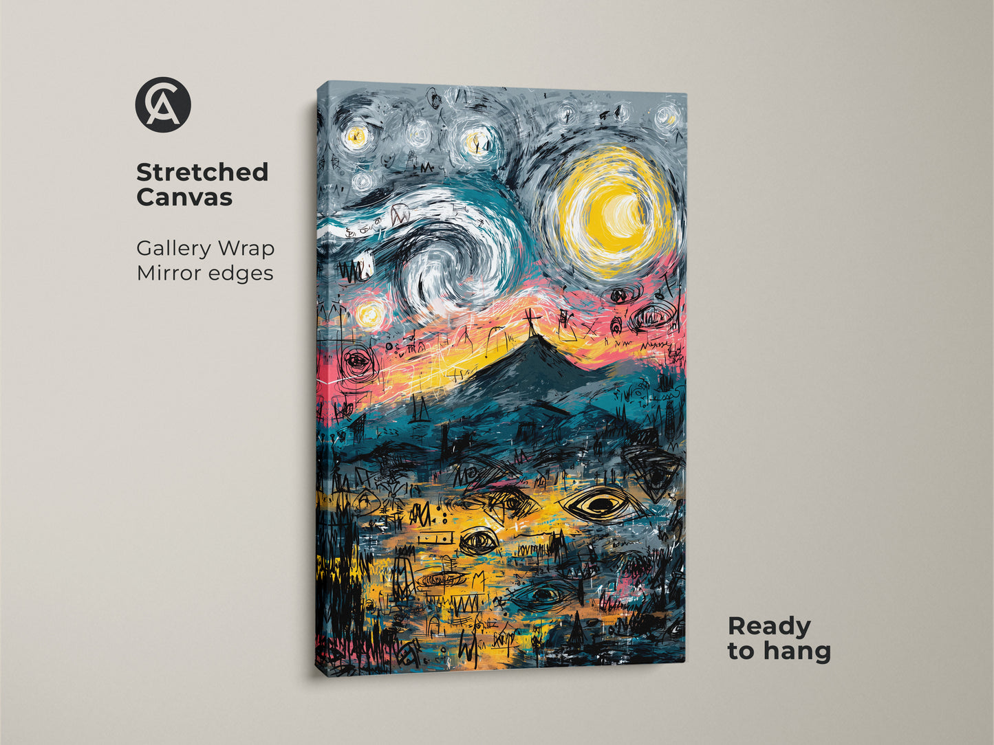 Stretched canvas art print. The gallery wrapped canvas features a mountain under a starry sky. The artwork is ready to hang with mirror edges. Buy stretched canvas art prints online today.