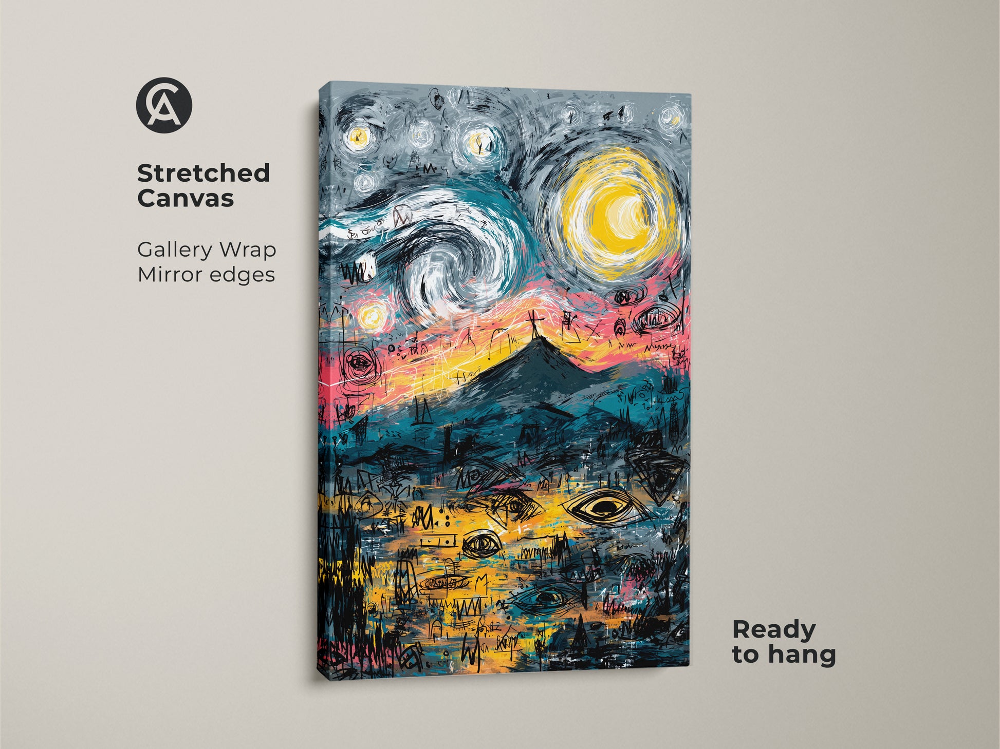 Stretched canvas art print. The gallery wrapped canvas features a mountain under a starry sky. The artwork is ready to hang with mirror edges. Buy stretched canvas art prints online today.