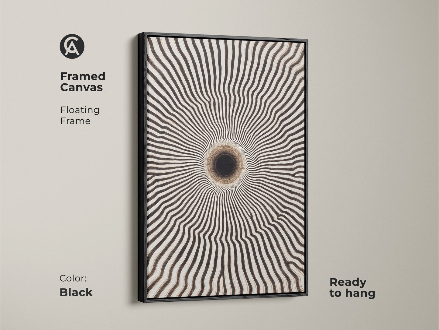 Black framed canvas showcasing geometric pattern wall art. The floating frame highlights the tunnel effect art print. Its ready to hang and adds a contemporary touch to any room.