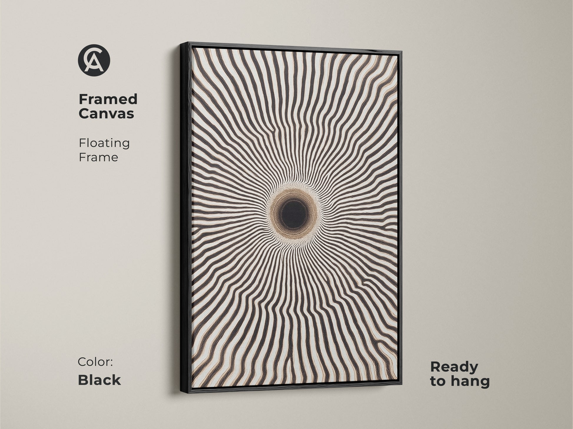 Black framed canvas showcasing geometric pattern wall art. The floating frame highlights the tunnel effect art print. Its ready to hang and adds a contemporary touch to any room.