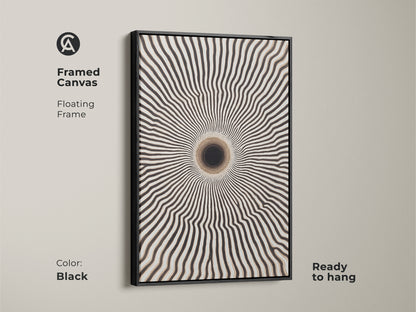 Black framed canvas showcasing geometric pattern wall art. The floating frame highlights the tunnel effect art print. Its ready to hang and adds a contemporary touch to any room.