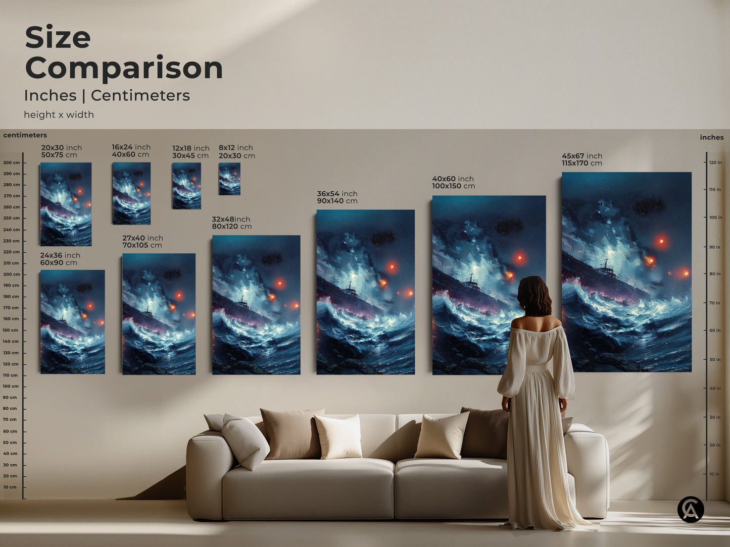Size comparison of nautical artwork in inches and centimeters. Deep blue teal ship art displayed above a sofa. Various sizes available for canvas and poster prints. Find the perfect fit now.