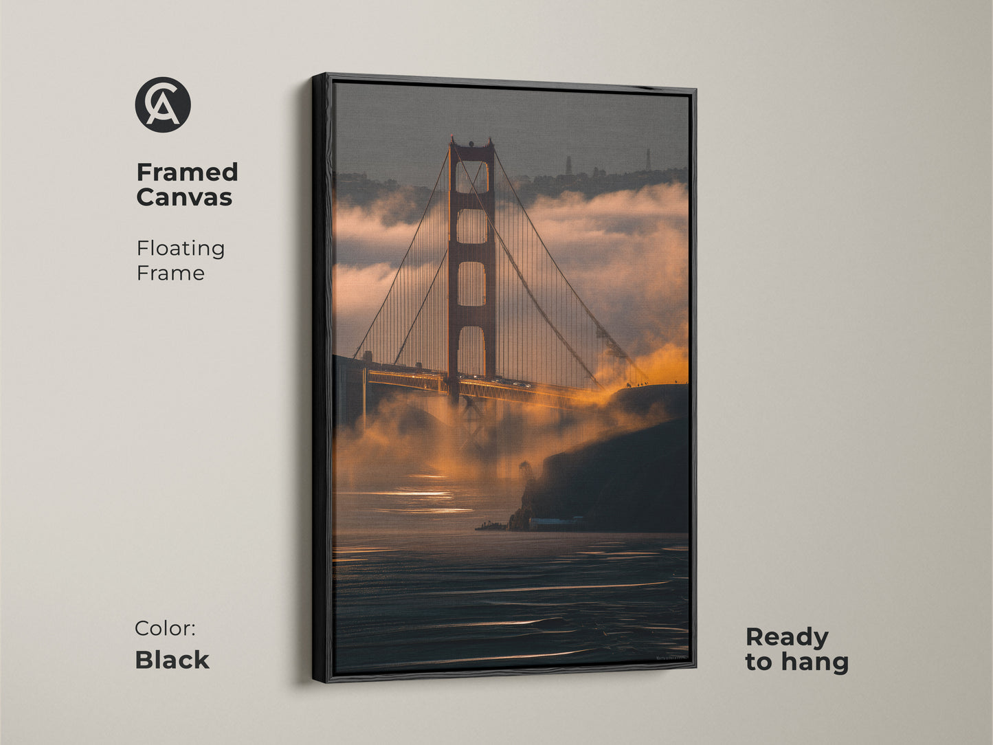 Framed Canvas of the Golden Gate Bridge with a floating black frame. This San Francisco cityscape artwork is ready to hang. A modern piece of wall decor.