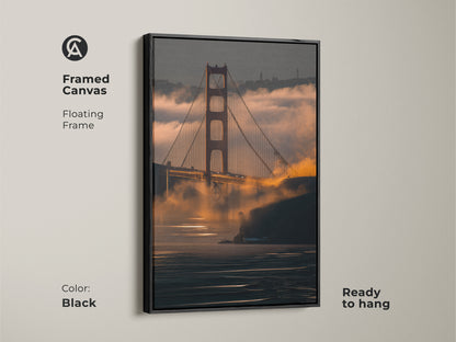 Framed Canvas of the Golden Gate Bridge with a floating black frame. This San Francisco cityscape artwork is ready to hang. A modern piece of wall decor.