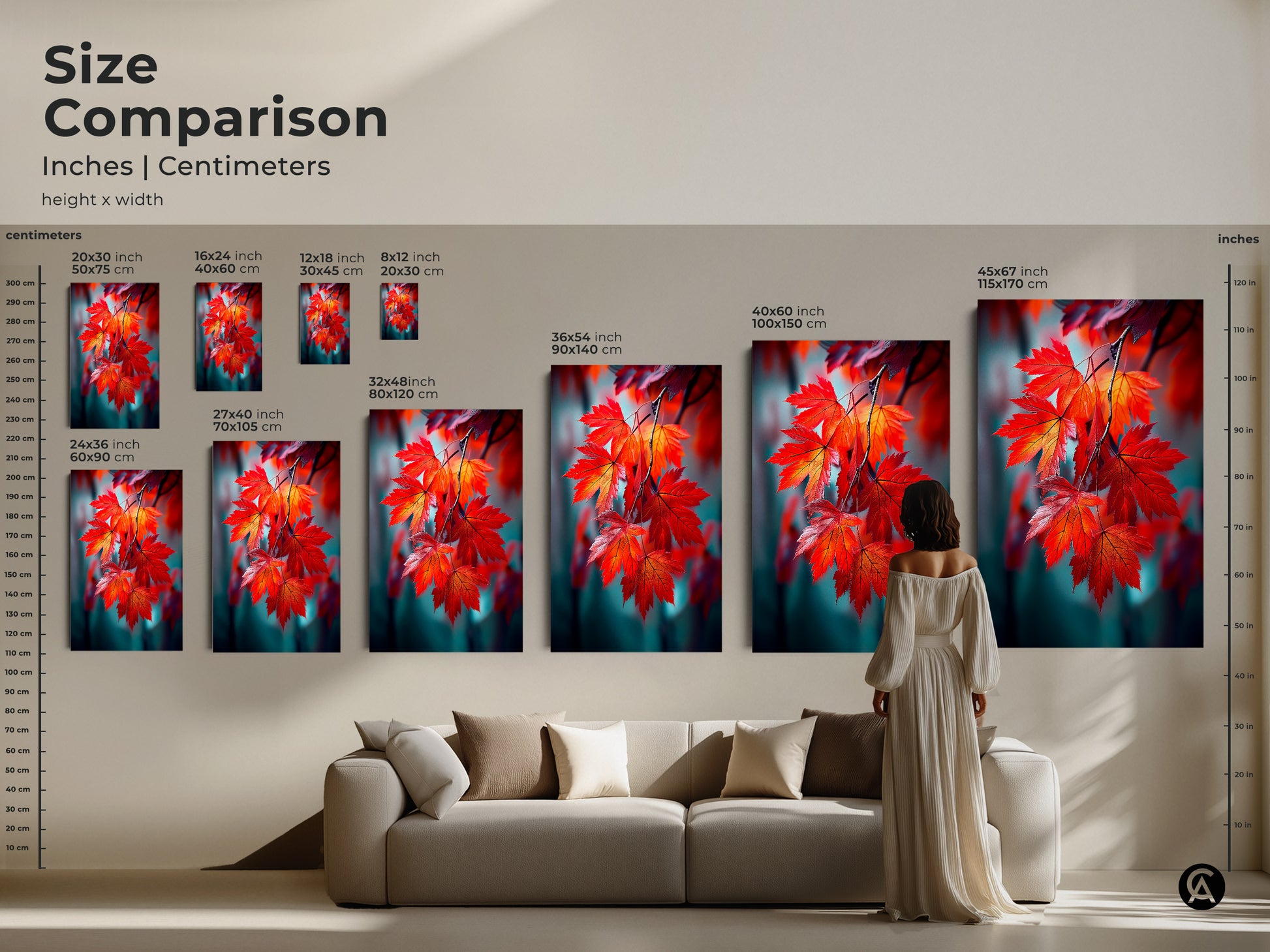 Size comparison of inches and centimeters for art prints. Art sizes from small to large are shown. A woman stands by the largest art print to show its size. Choose the perfect size for your space. You can easily transform your home.