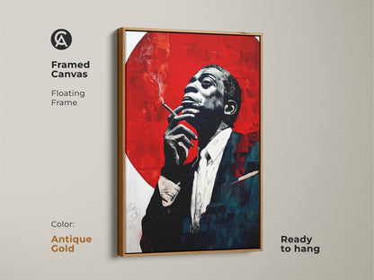 Antique gold framed canvas featuring a jazz musician. This floating frame showcases black and white art with crimson accents. Ready to hang art for sophisticated spaces offers a modern expressionist portrait.