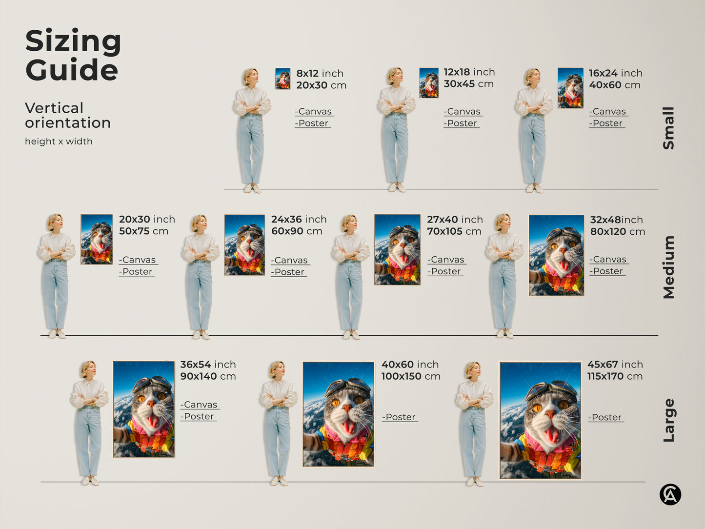 This sizing guide shows various vertical art print sizes. Options include canvas and poster prints. Each features a skydiving cat. Find the ideal size to complement your home decor.