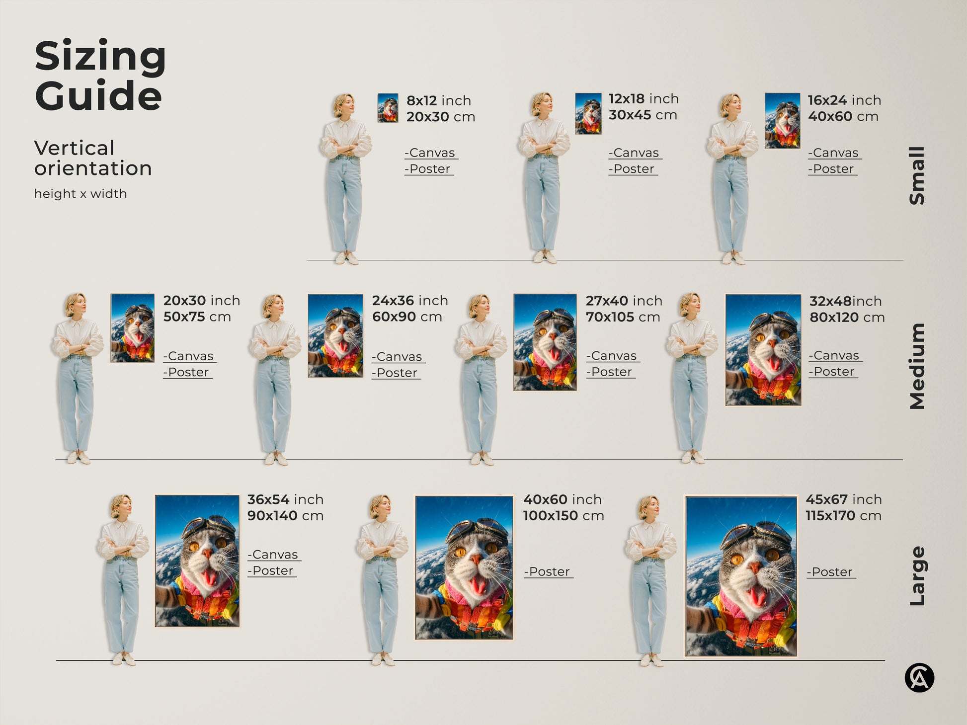 This sizing guide shows various vertical art print sizes. Options include canvas and poster prints. Each features a skydiving cat. Find the ideal size to complement your home decor.
