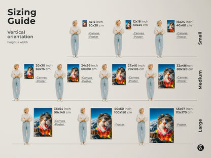 This sizing guide shows various vertical art print sizes. Options include canvas and poster prints. Each features a skydiving cat. Find the ideal size to complement your home decor.