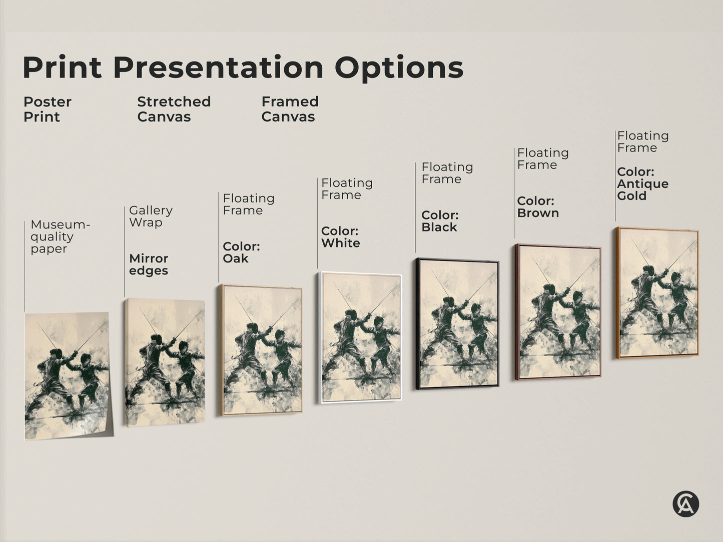 Explore print presentation options for the fencing duel artwork. Choose from poster prints stretched canvas and framed canvas. Each option enhances the modern sports art making it a perfect gift for athletes and a unique office decor piece.