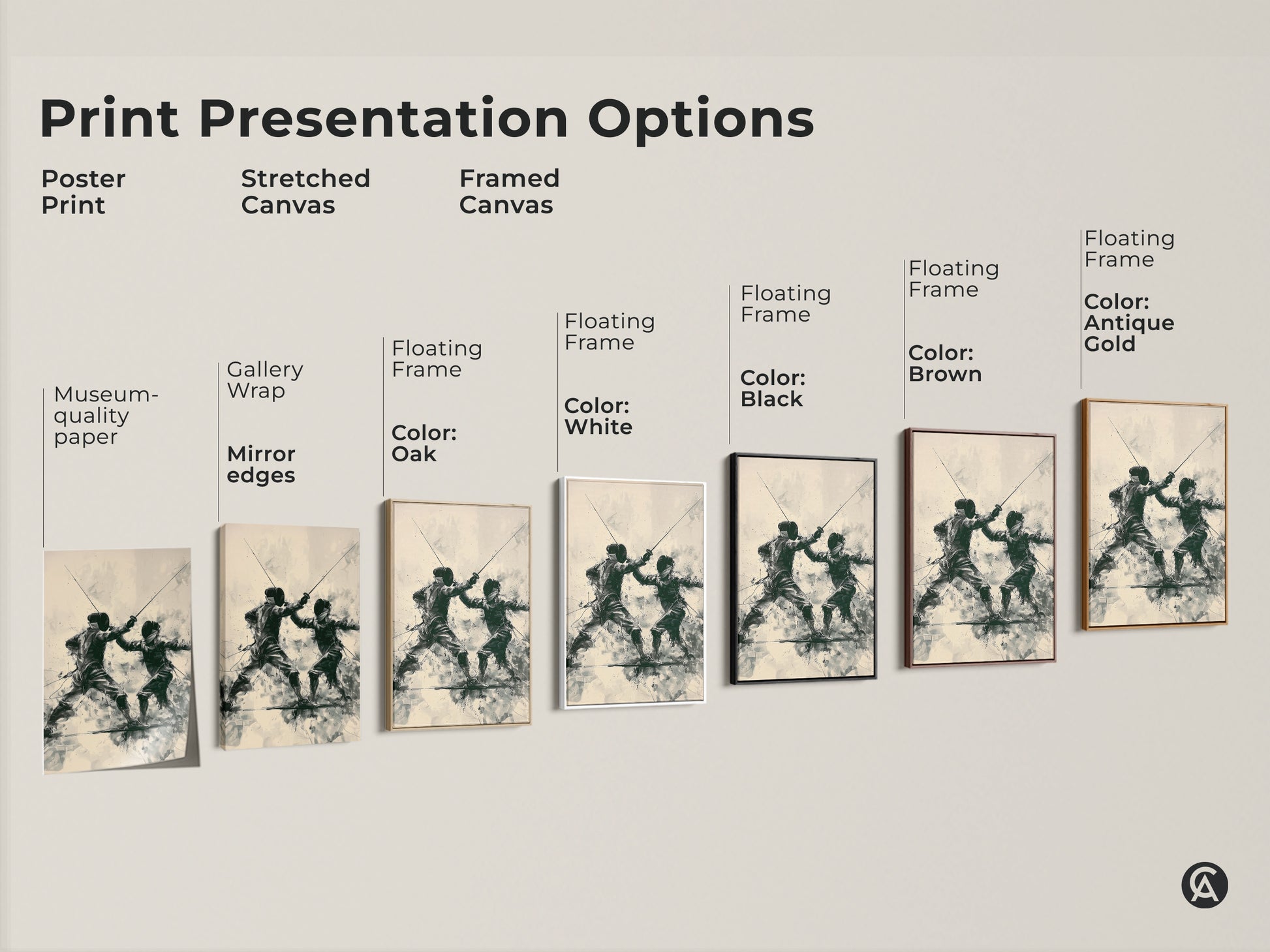 Explore print presentation options for the fencing duel artwork. Choose from poster prints stretched canvas and framed canvas. Each option enhances the modern sports art making it a perfect gift for athletes and a unique office decor piece.