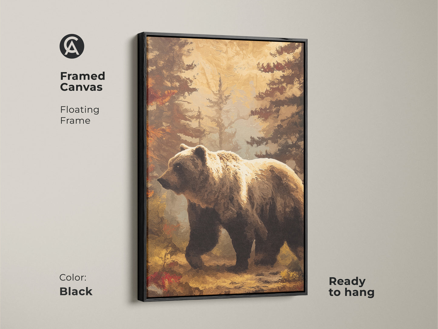 Framed canvas with a floating frame showcases a bear. The black frame complements the rustic woodland wall art. It's a golden yellow bear art print ready to hang.