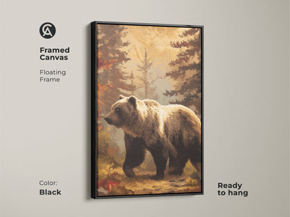 Framed canvas with a floating frame showcases a bear. The black frame complements the rustic woodland wall art. It's a golden yellow bear art print ready to hang.