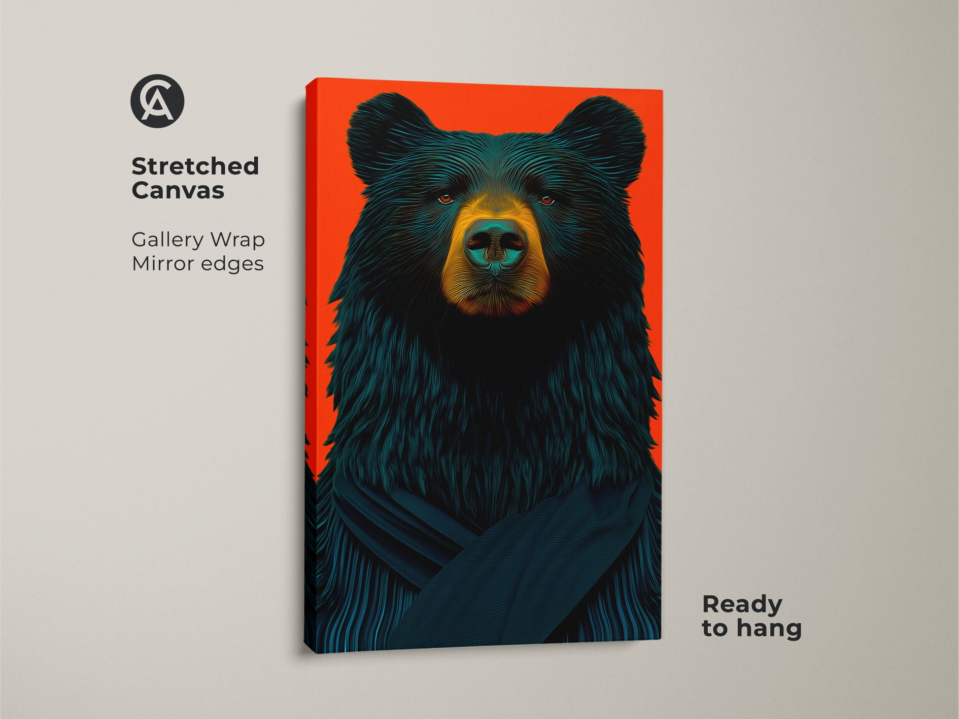 Close-up of a gallery-wrapped black bear canvas print. The vivid orange background provides a striking contrast. Ready to hang this artwork will enhance your living room or office decor.