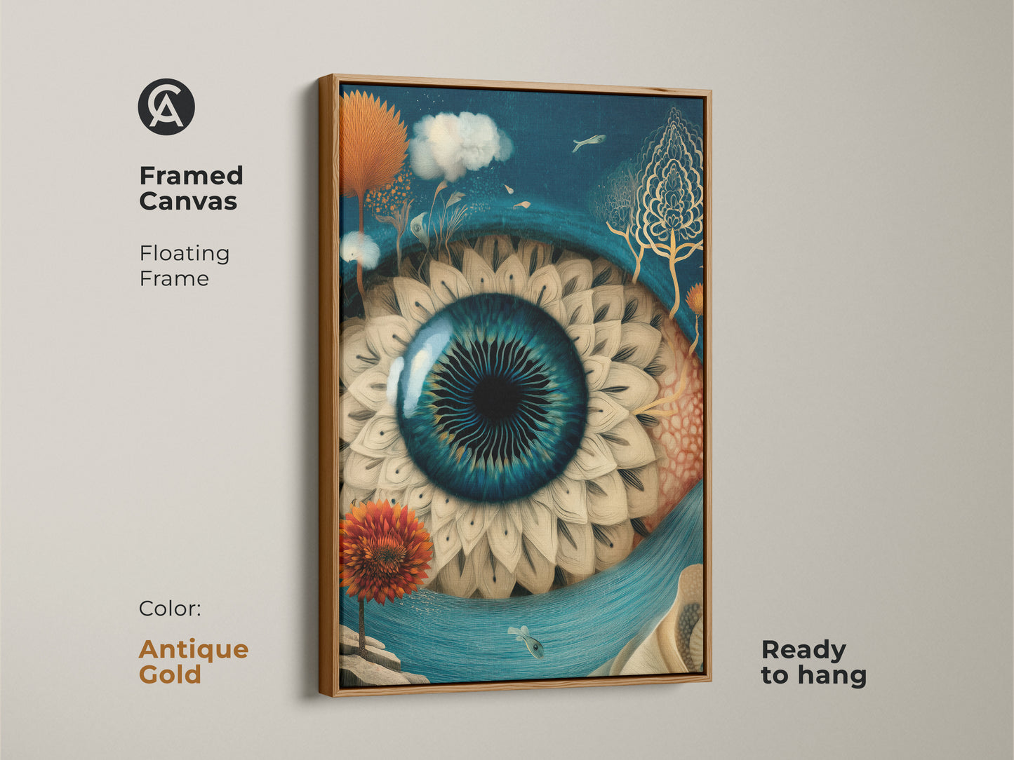Framed canvas displaying an eclectic surreal eye artwork. The floating frame is antique gold with a ready to hang feature. The deep blue gold colors enhance the fantasy fish wall decor. Perfect for adding unique art to any room.