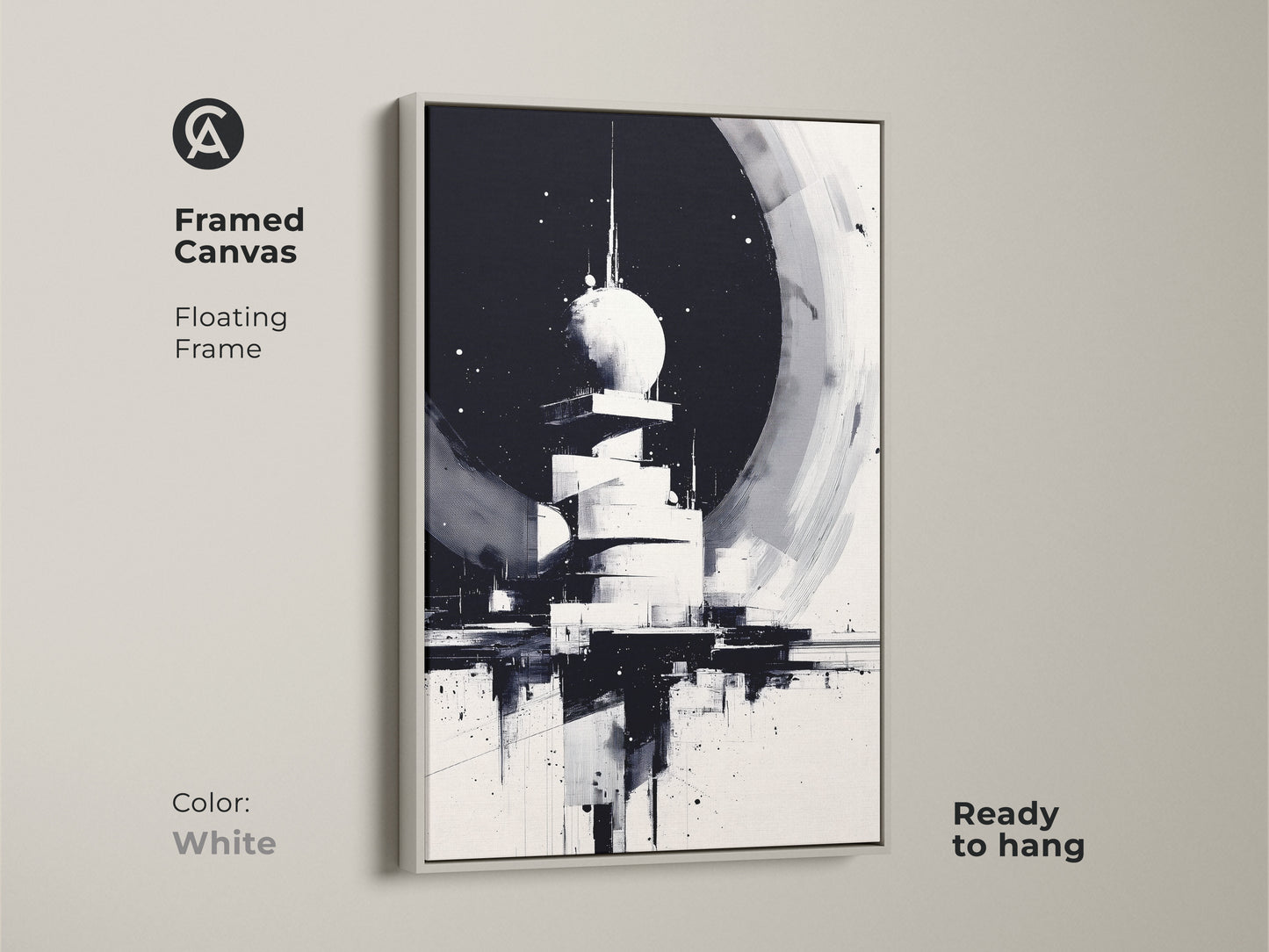 White Framed Canvas with Floating Frame. This is a Contemporary Monochrome Cityscape. This Black & White art provides a minimalist wall hanging for home art or artistic office space. It is ready to hang for easy display.