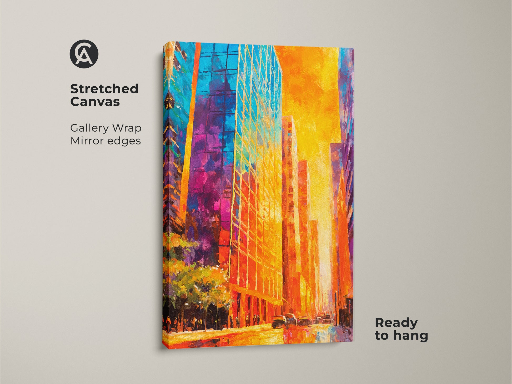 Stretched canvas art of a colorful city. The gallery wrapped canvas features mirror edges for a seamless look. This vibrant cityscape artwork comes ready to hang. It's perfect for adding a modern touch to your home decor. Explore our city art collection