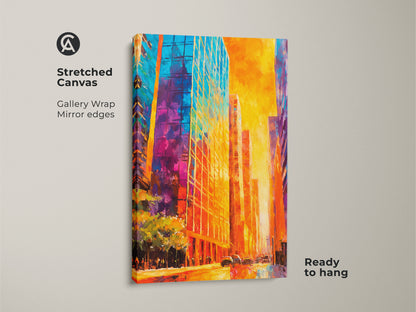 Stretched canvas art of a colorful city. The gallery wrapped canvas features mirror edges for a seamless look. This vibrant cityscape artwork comes ready to hang. It's perfect for adding a modern touch to your home decor. Explore our city art collection