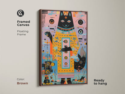 Framed canvas featuring abstract geometric dog artwork in a floating frame. The brown frame enhances the surreal dog spirit canvas print. Ready to hang this teal pink yellow artwork brings eclectic home office art.