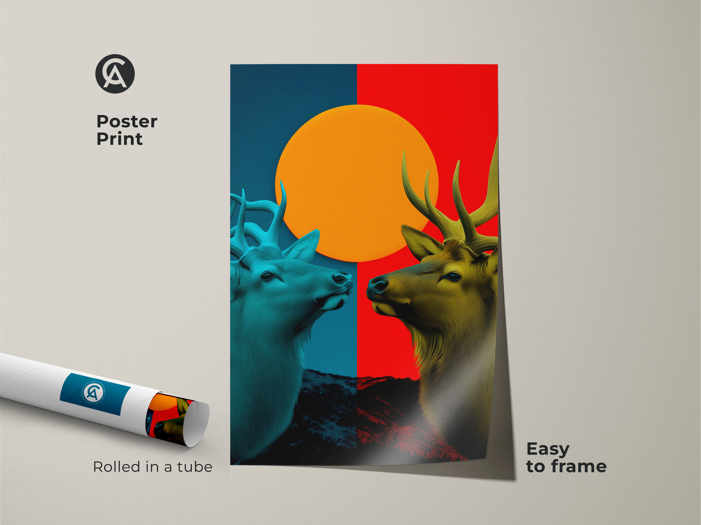 Poster Print featuring Geometric Elk Abstract Deer artwork. The print is rolled in a tube making it easy to frame. Orange Red Blue Sun art adds nature to any eclectic living room.